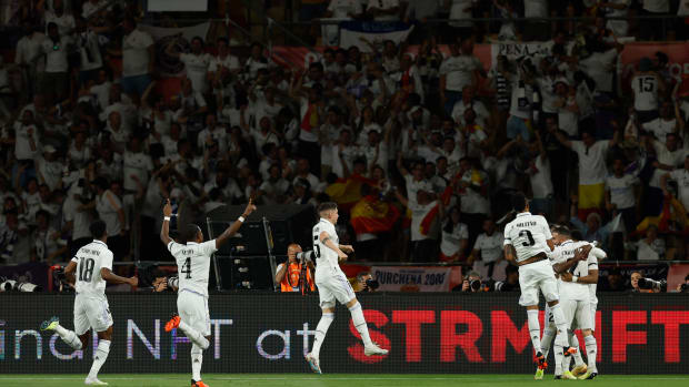 Players from Real Madrid pictured celebrating a goal during their victory over Osasuna in the 2023 Copa del Rey final